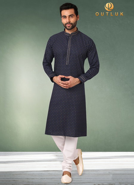 Dark Blue Colour Outluk Vol 44 Function Wear Pure Cotton With Digital Print Kurta Pajama Mens Collection 44007